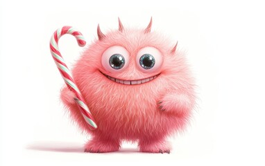 Fototapeta premium Pink Fluffy Monster Holding a Candy Cane A round pink monster with soft fur, large sparkling eyes, and tiny horns, holding a bright striped candy cane in its tiny paws. 