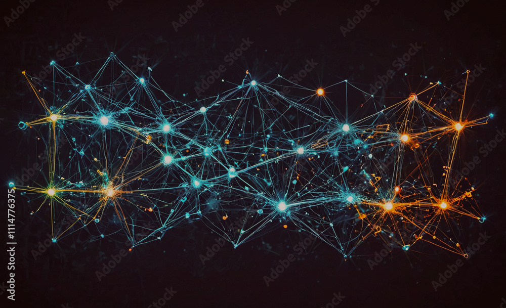 Poster series of lines and dots that are connected to each other. the lines are orange and blue