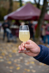 Autumn wine festival in Schengen, Luxembourg, tasting of fiederwaissen young wine fermented freshly pessed auxerrois grape juice, or must