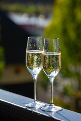 Tasting sparkling white wine, traditional champagne method making of cremant in caves on Moselle river valley in Luxembourg, glass of wine