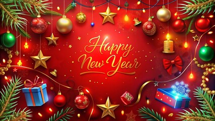 red background surrounded by christmas decorations with happy new year written in the middle
