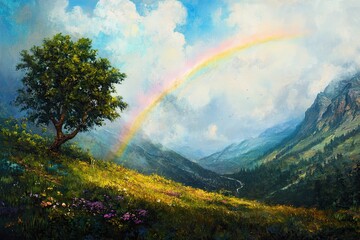 Solitary tree, rainbow, mountain valley, wildflowers, vibrant sky.