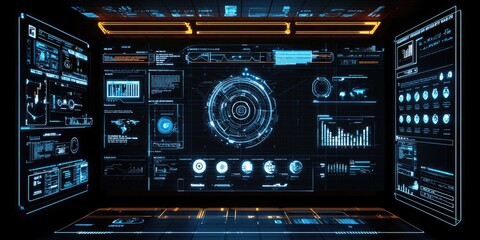 Fototapeta premium A sleek dark background with a digital model displayed in a futuristic interface, showing various choices and options in a conceptual setting.