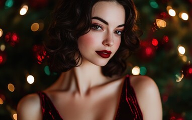Fototapeta premium Red Velvet Holiday Look A close-up of a brunette woman with dark red lipstick, soft curls, and a luxurious velvet dress. She poses against a background of twinkling red and green Christmas lights.