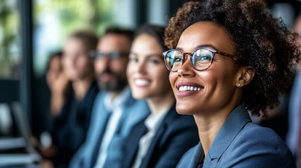 Obraz premium a group of business people, slightly blurred, clear blue tone, photographed from the side