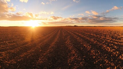Obraz premium Sunset over plowed agricultural field.
