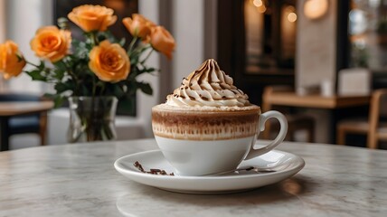 Fototapeta premium A cappuccino with a floral latte art design, paired with a slice of chocolate cake on a white porcelain plate, set against a cozy cafe backdrop.