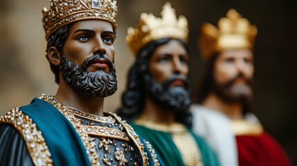 Obraz premium Three Wise Men statues standing proudly in front of a nativity scene.