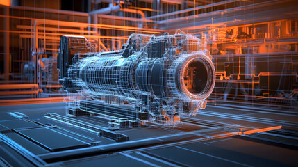 
Engineering designer design 3D CAD software program Industrial engine model mechanical dimensional digital manufacturing factory engineer computer screen. 3d rendering.