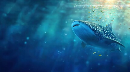 Fototapeta premium A blue whale swimming in the ocean with numerous bubbles on its face and schools of fish surrounding its neck