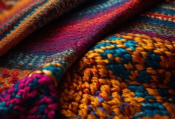 Fototapeta premium detailed close view colorful intricate textile patterns weaves showcasing rich textures vibrancy, artwork, background, crafting, cloth, creation, crochet