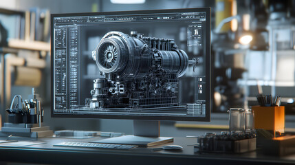
Engineering designer design 3D CAD software program Industrial engine model mechanical dimensional digital manufacturing factory engineer computer screen. 3d rendering.
