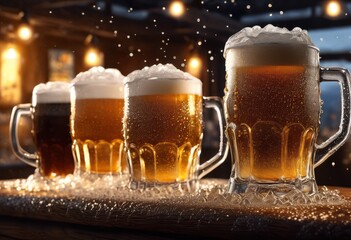 captivating visual display dynamic shots featuring frosty mugs transitioning chilled bottles adorned condensation droplets, ice, beverage, cold, refreshing