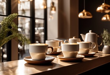 Fototapeta premium captivating coffee creations displayed aesthetic minimalist settings stylish cups steam appearing inviting environments, table, design, decor, pattern