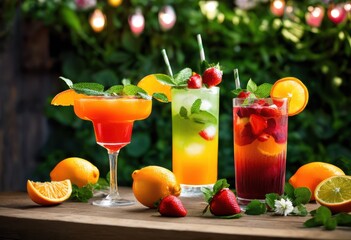 Fototapeta premium vibrant summer cocktails featuring fresh colorful ingredients refreshing seasonal drink experience, mixology, fruits, herbs, ice, citrus, drinks, recipes