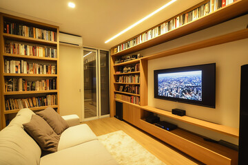 Fototapeta premium A cozy room with built-in bookshelves, a TV, and a couch
