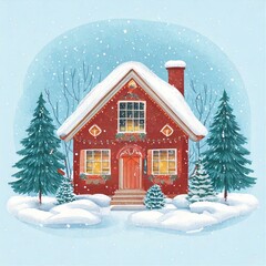 Fototapeta premium Watercolor cozy little house in winter scene vector illustration, merry christmas postcard design, seasonal new year greetings