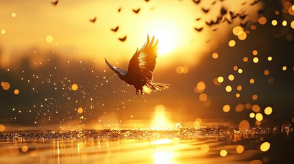 Fototapeta premium Golden sunset, bird in flight, water sparkle.