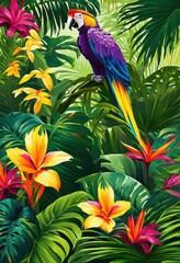 Obraz premium exquisite vibrant tropical foliage intertwined subtle wildlife highlights captivating diverse beauty, plants, leaves, nature, garden, exotic, flowers