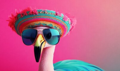 Fototapeta premium Colorful background with sunglasses and a sombrero hat worn by a cute flamingo.