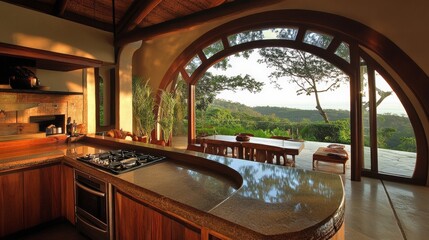 Fototapeta premium Green home kitchen with a bar counter, stove, and arched panoramic window 