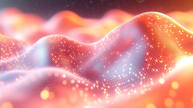 Abstract digital landscape of glowing waves and bright dots. AI-generated.