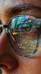 Computer code on hacker programmer glasses Closeup Cyber Information Data Software Encryption Security Technology Concept