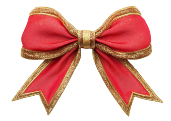 A festive ribbon bow in bright red with shimmering gold edges, perfect for holiday decorations and Christmas designs on a transparent PNG background.

