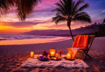 Obraz premium breathtaking sunset beach setup perfect romantic getaways featuring soft gentle vibrant colors sky dusk, ocean, waves, sand, horizon, tropical, nature