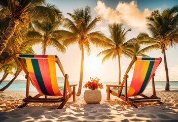 Obraz premium colorful beach setup featuring tropical palm bright vibrant coastal decor ready relaxation fun, tree, sun, sand, chair, umbrella, towel, mat, water, tide
