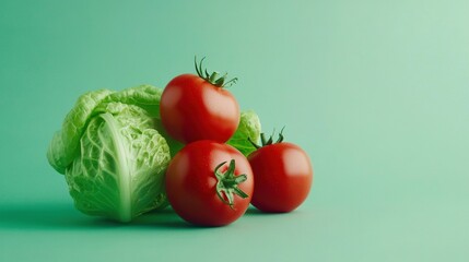  Three tomatoes and lettuce on blue-green background with a central green spot