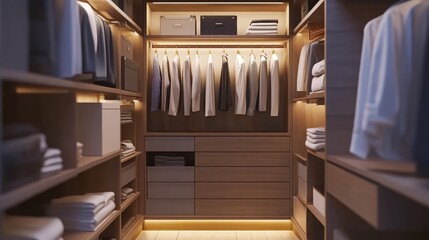Modern walk-in wardrobe in a sleek 3D rendering