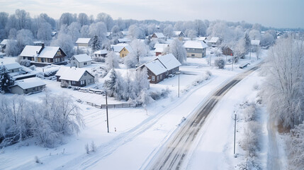 aerial view of snow-covered village in a winter wonderland
