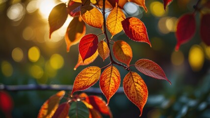 Vibrant autumn leaves backlit by warm sunset light.