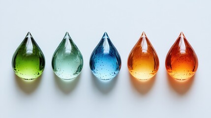 Image of Five Colorful Droplets Arranged in a Row, Showcasing Shades of Green, Blue, and Orange Against a Clean White Background