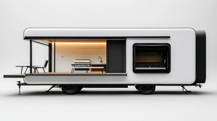 Obraz premium Minimalist black and white trailer features retractable seating, built-in grill, and seamless storage, blending functionality with modern luxury.