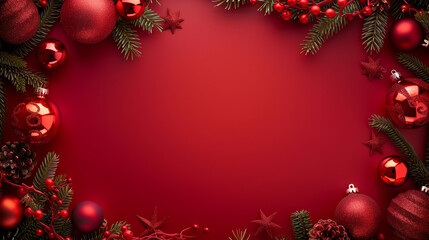 Christmas background with red decorations and pine branches, ample copy space in the center, red background, festive mood, wide banner format, Christmas decoration with baubles and stars