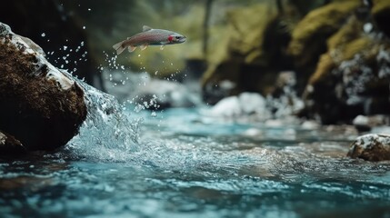 Obraz premium Rainbow trout jumping out of the water in a river, Capturing beauty of nature