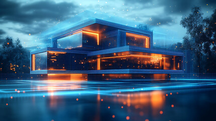 A digital illustration of a futuristic house with bright blue polygonal lines, highlighting smart home innovation, modern architecture, and advanced real estate concepts
