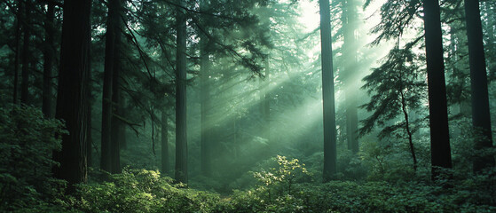 Fototapeta premium Majestic Sunbeams Illuminate Mystical Evergreen Forest