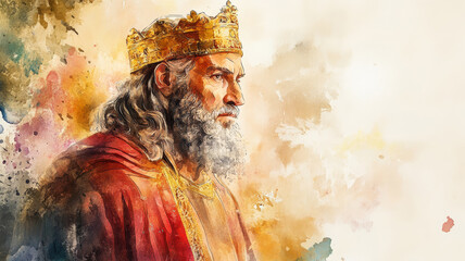 King Solomon from the Old Testament, portrayed with regal attire and a wise, contemplative expression.