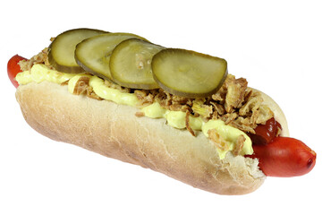 fresh Danish style hot dog with traditional red sausage isolated on white background