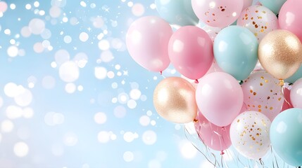 Soft gradient sky, pastel balloons and twinkling stars, celebration mood
