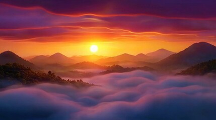 Fototapeta premium A stunning portrait of the sun descending behind a majestic mountain range with cloudy skies in the background and lush foliage in the foreground