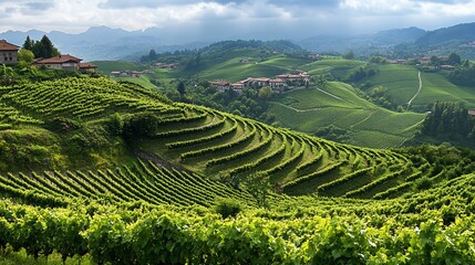 Rolling hills of vineyards under a dramatic sky, showcasing terraced rows of lush green vines and charming villages nestled amidst the landscape.