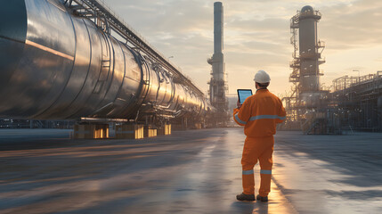 AR Concept: Industrial Engineer Uses Augmented Reality Digital Tablet to Scan Large Metal Construction, Special Effects Show Visualization / Digitalization of Oil, Gas and Fuel Transport Pipeline.