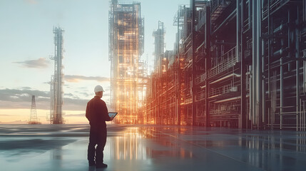 AR Concept: Industrial Engineer Uses Augmented Reality Digital Tablet to Scan Large Metal Construction, Special Effects Show Visualization / Digitalization of Oil, Gas and Fuel Transport Pipeline.