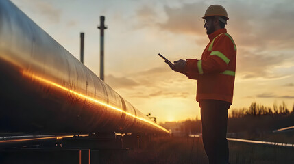 AR Concept: Industrial Engineer Uses Augmented Reality Digital Tablet to Scan Large Metal Construction, Special Effects Show Visualization / Digitalization of Oil, Gas and Fuel Transport Pipeline.