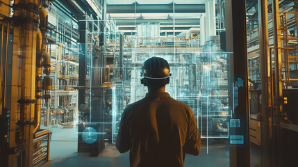 AR Concept: Industrial Engineer Uses Augmented Reality Digital Tablet to Scan Large Metal Construction, Special Effects Show Visualization / Digitalization of Oil, Gas and Fuel Transport Pipeline.