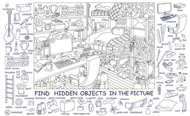 Find and color hidden objects in the picture. Teenager room interior with furniture and home objects. Cozy children room. Coloring page. Linear sketch vector illustration.
